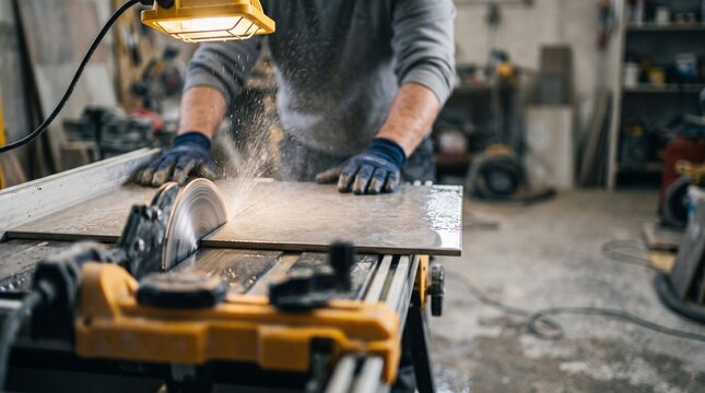 Professional Tiler Cutting Ceramic Tile with Wet Tile Saw Power Tool on Construction Site