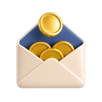 3D Envelope with Gold Coins for Cash Payment and Money Transfer Concept