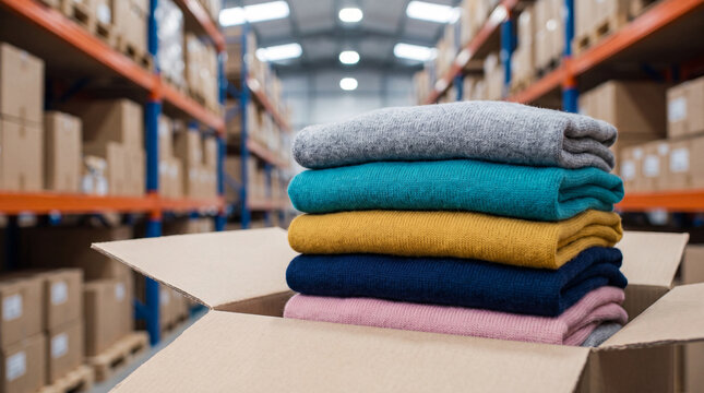 A neat stack of folded sweaters in various colors sits inside an open cardboard box, with a blurred warehouse background.