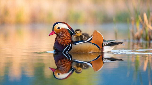   
Mandarin duck swimming with two ducklings on its back in calm reflective water surrounded by soft natural colors symbolizing wildlife beauty parenting and nature harmony  generative ai