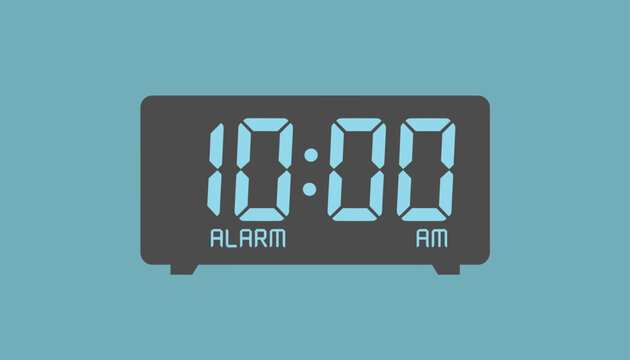 Sleek digital alarm clock displaying ten oclock in bright blue numbers against a dark grey rectangular body.