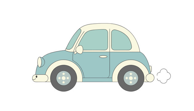 Vintage styled small cartoon car in light blue and cream colors driving with a puff of smoke from the exhaust.