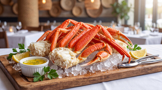 Snow crab clusters served on ice with lemon and dipping sauce  