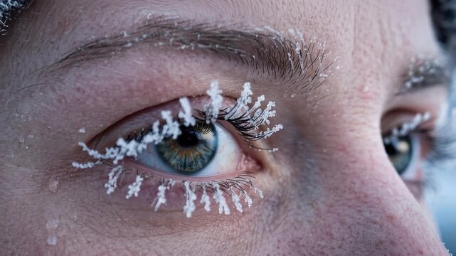 Woman eye with eyelashes covered in frost. Detail of human face in extreme cold weather. Winter season survival concept. Crystallized ice on skin reflecting freezing climate conditions.