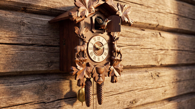 Vintage wooden cuckoo clock hanging on rustic wooden wall  