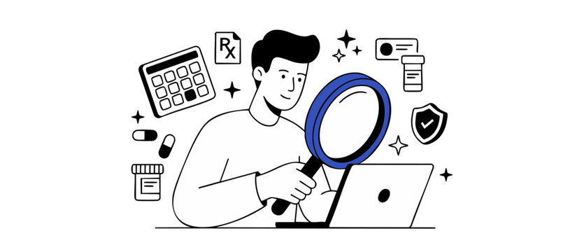Man researching online prescription medicine using magnifying glass and laptop for healthcare planning, insurance coverage audit, drug cost calculation, and pharmacy options. Flat vector graphic.