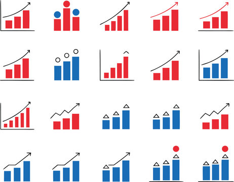 Collection of colorful bar graphs and charts with arrows showing growth and increase