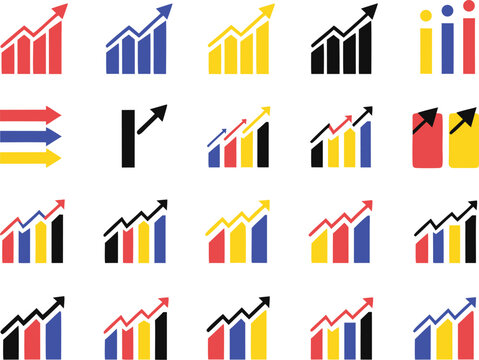Colorful business graph icons with arrows showing growth and progress