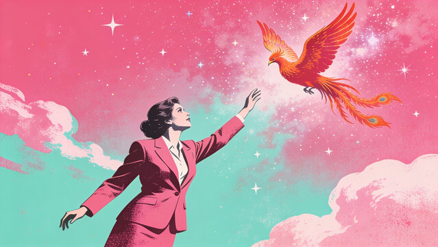 Professional woman releasing digital phoenix into futuristic sky. Business leader manifesting innovation with glowing holographic firebird in vibra...
