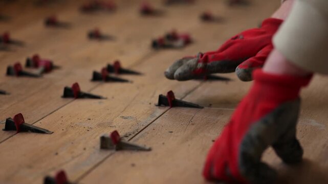 Man fixing Tile Leveling System Components. Man tiling a floor. 4K