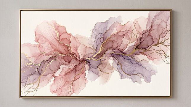   
Elegant abstract watercolor painting with flowing pink and lavender translucent shapes accented by gold veins symbolizing harmony creativity and modern interior art  generative ai