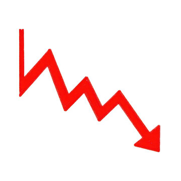 A red arrow pointing downwards in a jagged line isolated on transparent background