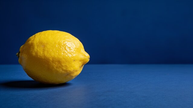 Single bright lemon isolated against deep blue gradient background for minimalist design