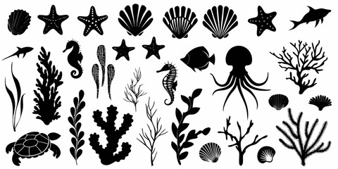 marine life silhouette collection on white background fish turtle seahorse octopus coral shell © Ankan