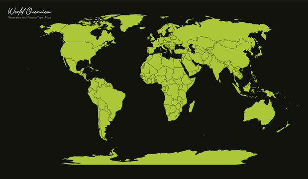 World overview map illustration in bright green on dark background.