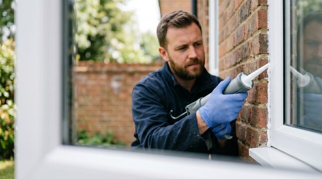 Worker Sealing Window Frame with Silicone Caulking Gun for Energy Efficiency