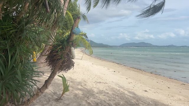 Warm sandy beach with gentle waves and distant hills on a sunny day