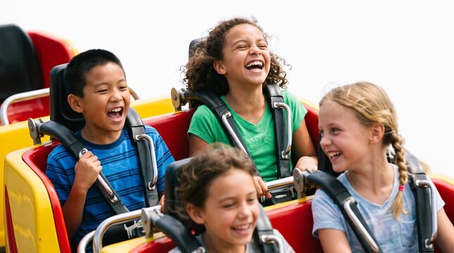 Diverse group of happy children enjoying a thrilling roller coaster ride at an amusement park