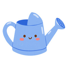 Cute kawaii illustration of a smiling blue watering can character with blushing cheeks, isolated on white background. © biby fantie
