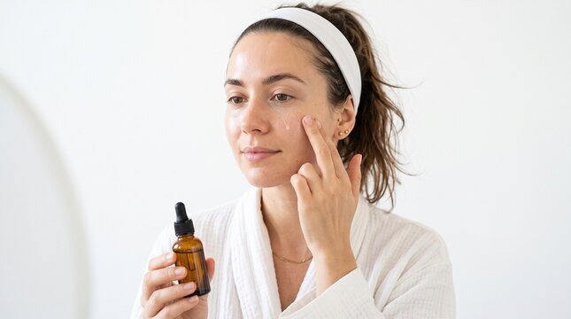 Woman applying serum from dropper bottle to her face for skincare routine