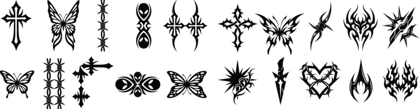 Large set of black gothic tribal tattoo elements including crosses butterflies barbed wire thorny heart dagger flames and abstract star silhouettes
