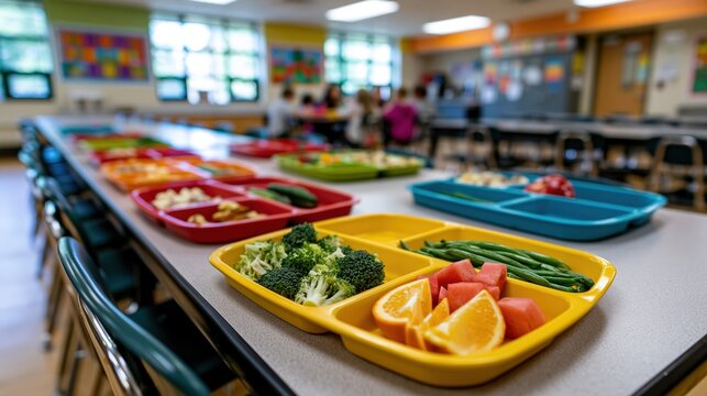 Healthy lunch trays on long cafeteria table leading to children eating in background