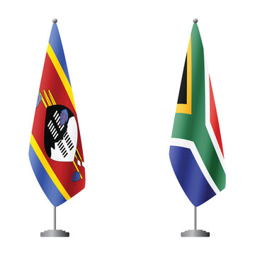 eSwatini - Swaziland and South Africa flags on flagpoles for official ceremonies and meetings, transparent background vector