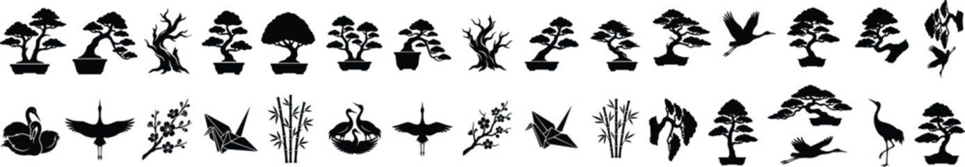 Obraz premium Large set of black Japanese bonsai tree silhouettes oriental cranes origami birds and botanical design elements isolated on white background 