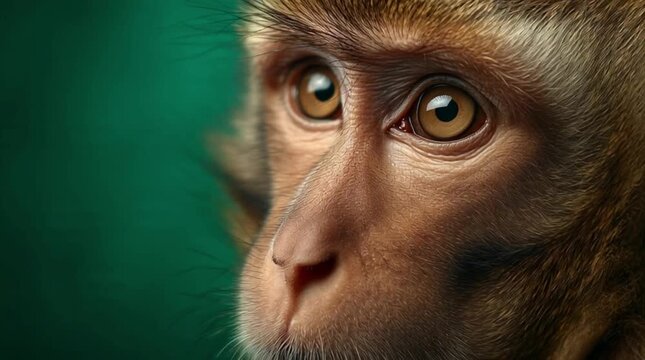Close-up portrait of a wild monkey with expressive eyes against a soft green background