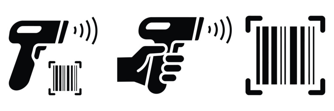 Product code scanner tool vector icon in silhouette pictogram, barcode reader symbol, inventory tracking, retail technology design.