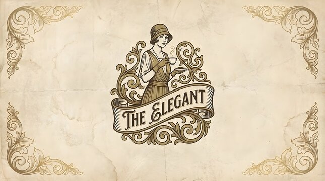 Elegant woman in vintage twenties style holding tea cup inside decorative ornate frame.