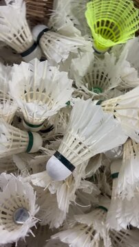 Shuttlecocks arranged in a sports venue for a badminton practice session