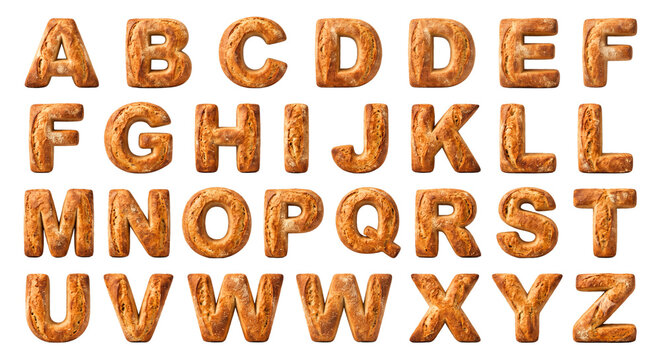3D Rendered Complete Alphabet Letters Made of Crusty Baked Bread