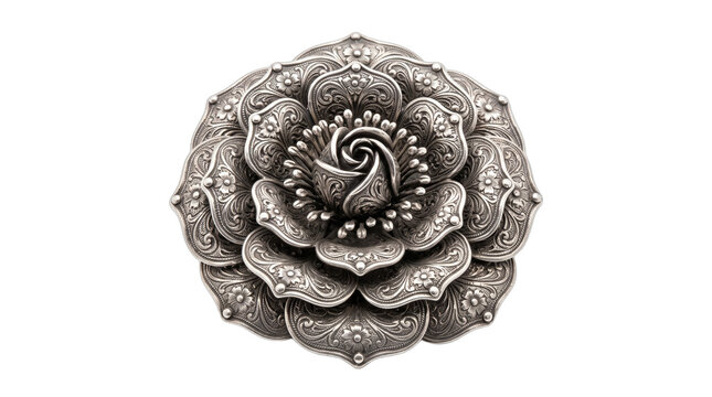 Detailed metallic rose crafted with intricate petals features a silver hue, presented with clean isolation for elegant commercial use against a transparent backdrop.
