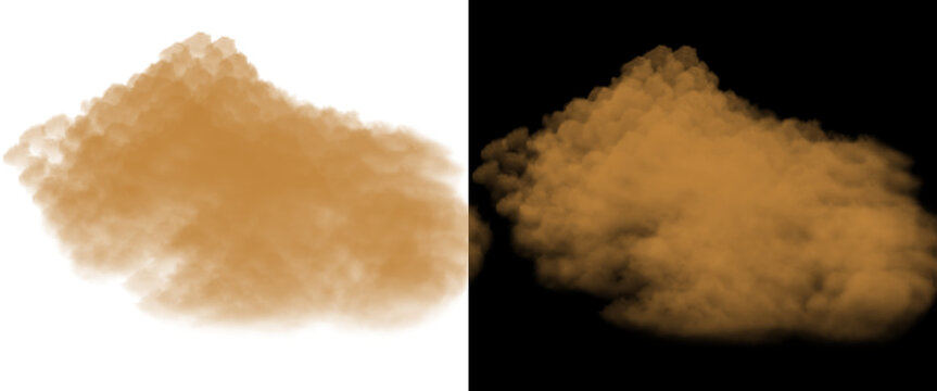 Brown sand cloud explosion isolated on white and black backgrounds, realistic desert dust storm puff, dry soil powder splash for compositing
