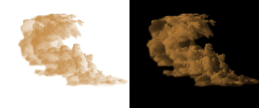 Brown sand dust cloud explosion, realistic desert storm sandstorm on white and black background, swirling dry earth particles for visual effects