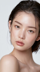 Obraz premium clean beauty portrait of japanese woman with short black hair, natural makeupfree japanese woman portrait with fair skin and almond eyes