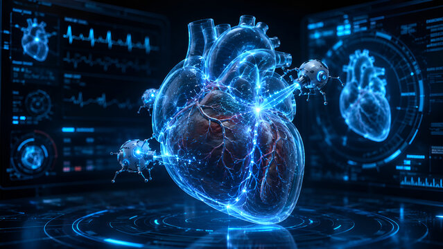 Micro Nanobots Analyzing Glowing Human Heart with Holographic Medical Interfaces