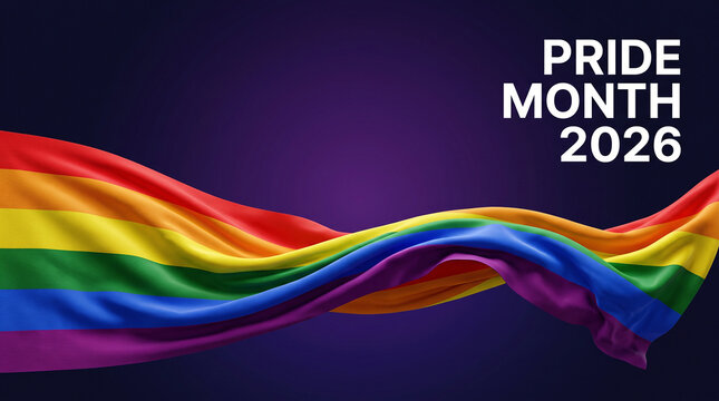 Pride Month 2026 celebration with vibrant rainbow flag waving on dark purple background symbolizing LGBTQ equality diversity love and support for inclusive community   generative ai