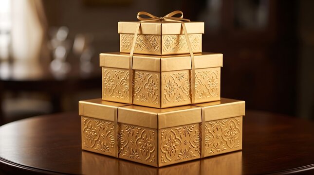 Elegant gold gift boxes stacked in a pyramid, luxury textured present packaging with ribbon, sophisticated golden holiday celebration boxes on wooden table