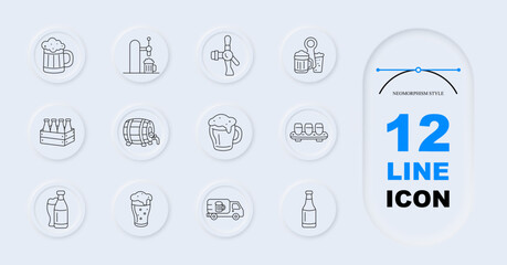 Fototapeta premium Brewery service set icon. Draft beer, keg, bottle, delivery truck, tap handle, foam mug, alcohol production, pub refreshment, beverage distribution, festival celebration atmosphere