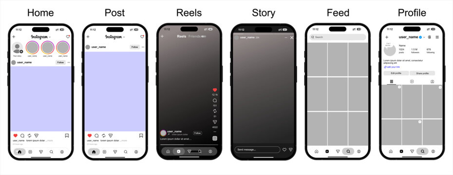 Latest update of instagram post frame template mockup with liquid glass effect on iphone screen. different app ui pages like home, post, reels, story, search, profile, editorial vector