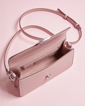 Minimalist pink leather crossbody bag showcased against neutral backdrop for modern elegance