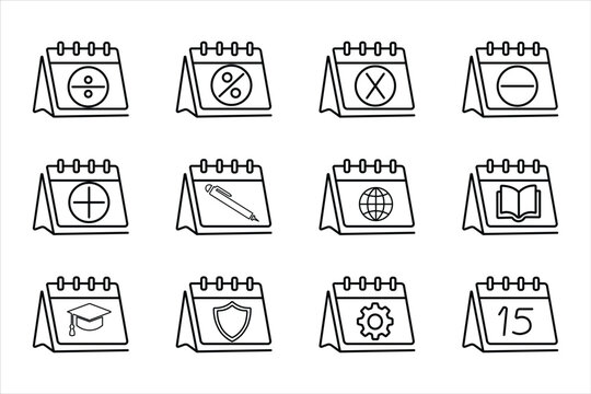 Set of line art desk calendar icons featuring math symbols, pen, globe, graduation cap, shield, and settings gear for modern web app interfaces.