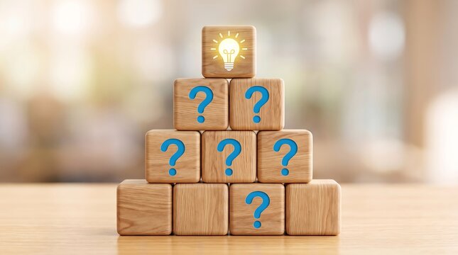 Wooden blocks pyramid with question marks and light bulb icon, creative problem solving concept, business innovation and brainstorming idea