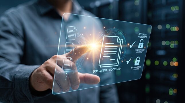 A business professional using artificial intelligence technology to manage digital documents and secure cloud data on a holographic interface