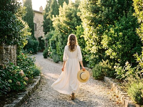 Woman walking down a garden path in a white dress lifestyle freedom and travel
