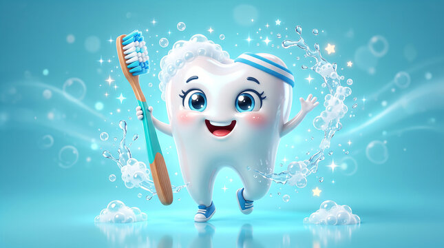 Cute cartoon tooth character holding toothbrush surrounded by bubbles on blue background symbolizing dental hygiene oral care freshness and healthy bright smile concept   generative ai