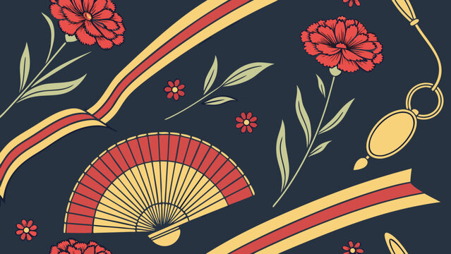 Japanese floral pattern with folding fan, red carnations, golden ribbons and elegant decorative elements on dark background