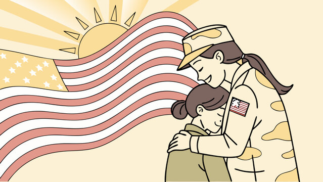 Military parent embracing child with waving national flag symbolizing family reunion, service, patriotism and emotional homecoming